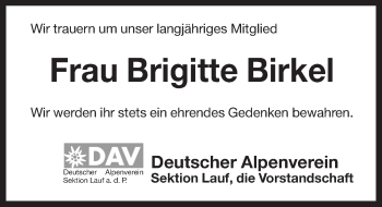 Traueranzeige von Brigitte Birkel von Pegnitz-Zeitung